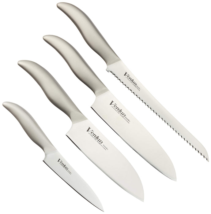 Shimomura Kougyou 4-Piece Knife Set - Santoku 165mm, Gyuto 180mm, Petty 125mm, Bread Slicer 225mm - Molybdenum Vanadium Steel, Dishwasher Safe