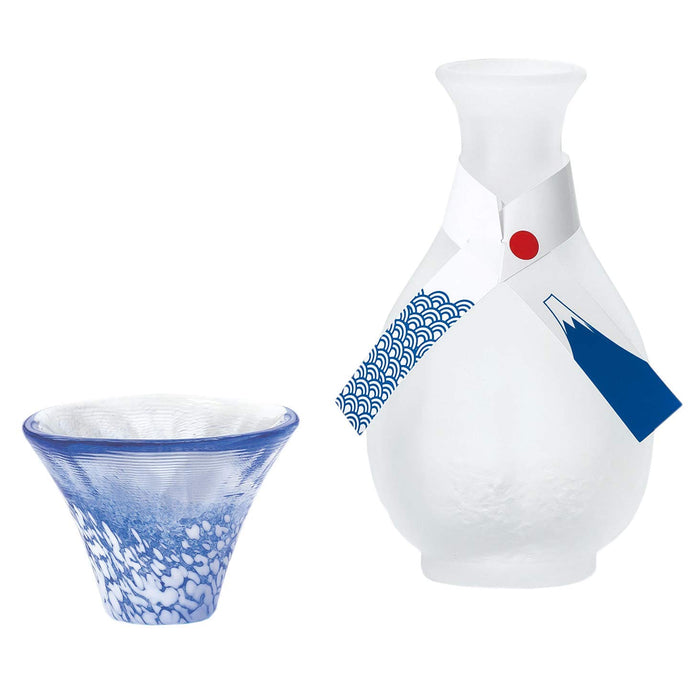 Toyo Sasaki Glass Sake Set - White & Blue Cups - Japan - 2Pcs 35Ml & 175Ml