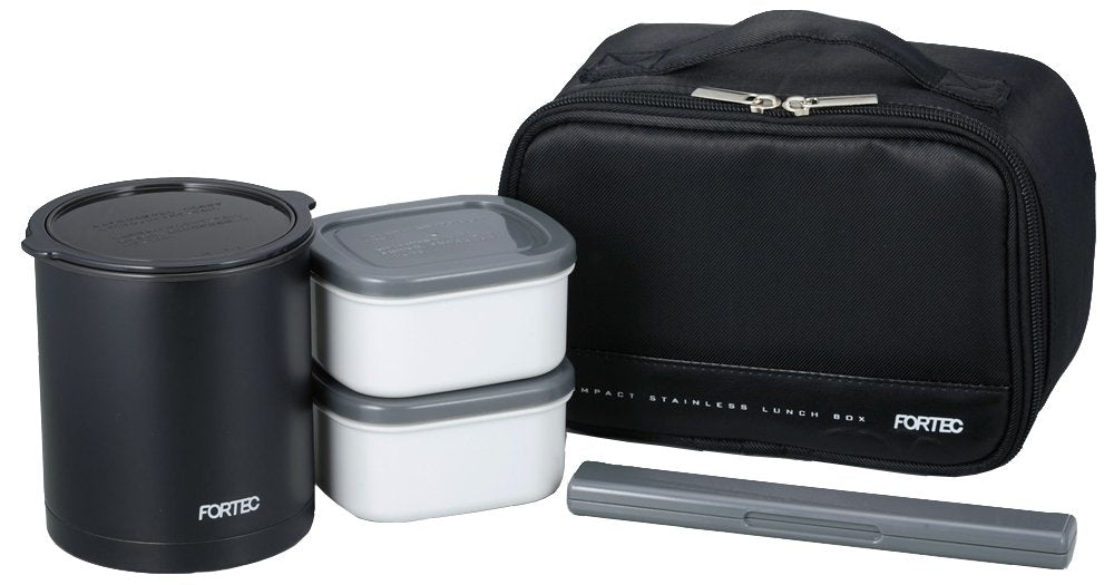 Japanese Wahei Freiz Bento Box - 840ml Black Slim Rice Container with Side Dish Containers, Chopsticks, and Thermal Fortec Lunch - FLR-5958
