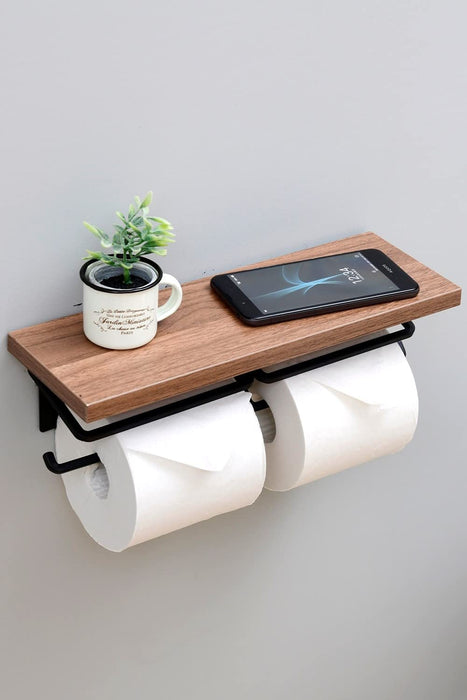 Yamazen Dark Brown/Black Toilet Paper Shelf with Smartphone Holder - Easy Install